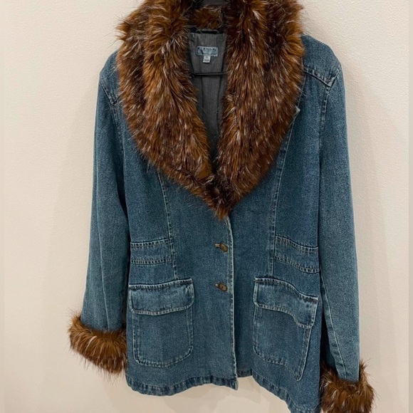 Penny Lane Vtg GIACCA Y2K Denim Jean Faux Fur Coat Jacket L Hippie Baby Girl - Picture 6 of 6